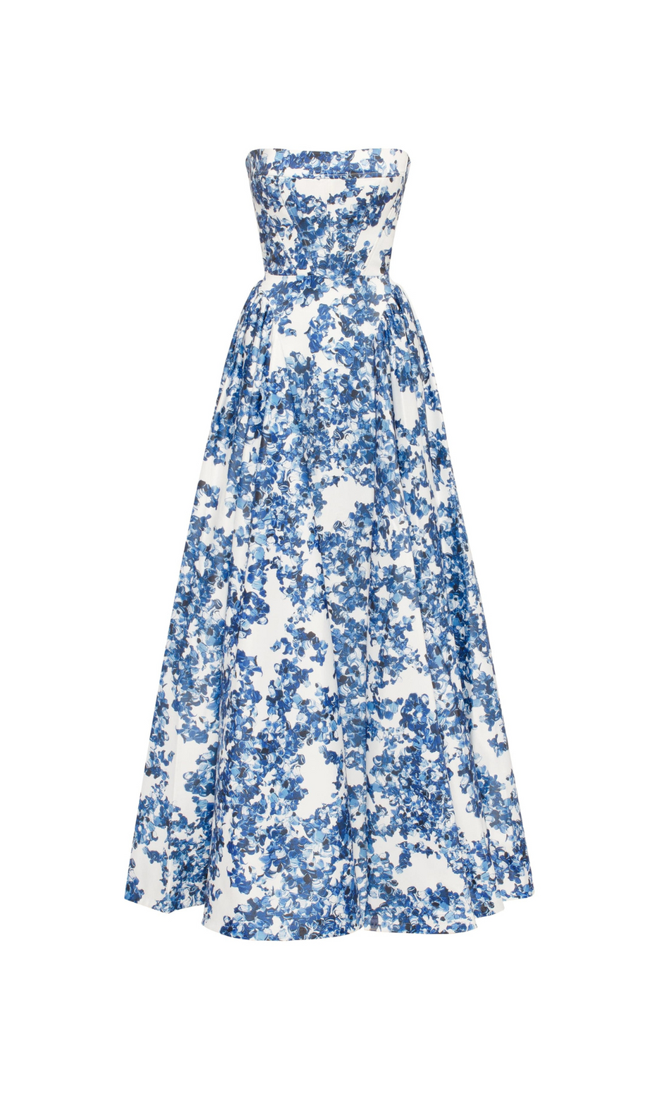 TRÄGERLOSES MAXIKLEID „LETITIA“ MIT BLAUEM HORTENSIENMUSTER