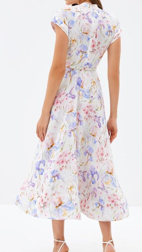 MULTICOLOR FLORAL PRINT A-LINE MIDI DRESS