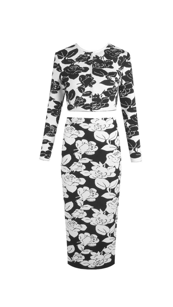 SET GONNA CARDIGAN MIDI A MATITA IN MAGLIA JACQUARD FLOREALE