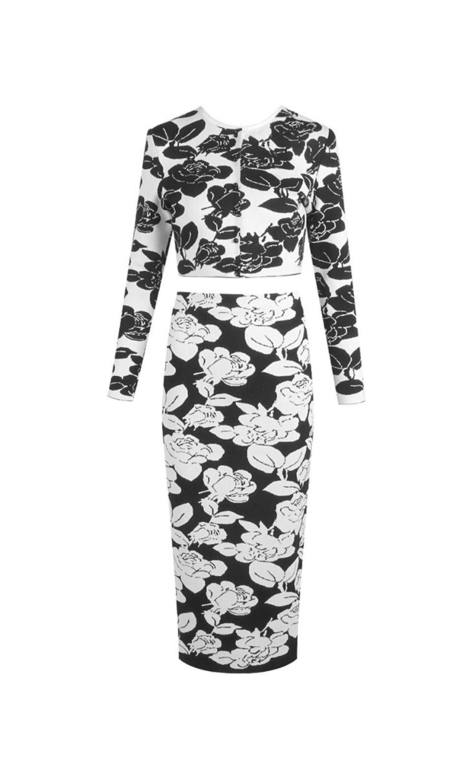 Set aus Midi-Bleistift-Cardigan und -Rock aus Jacquard mit Blumenmuster