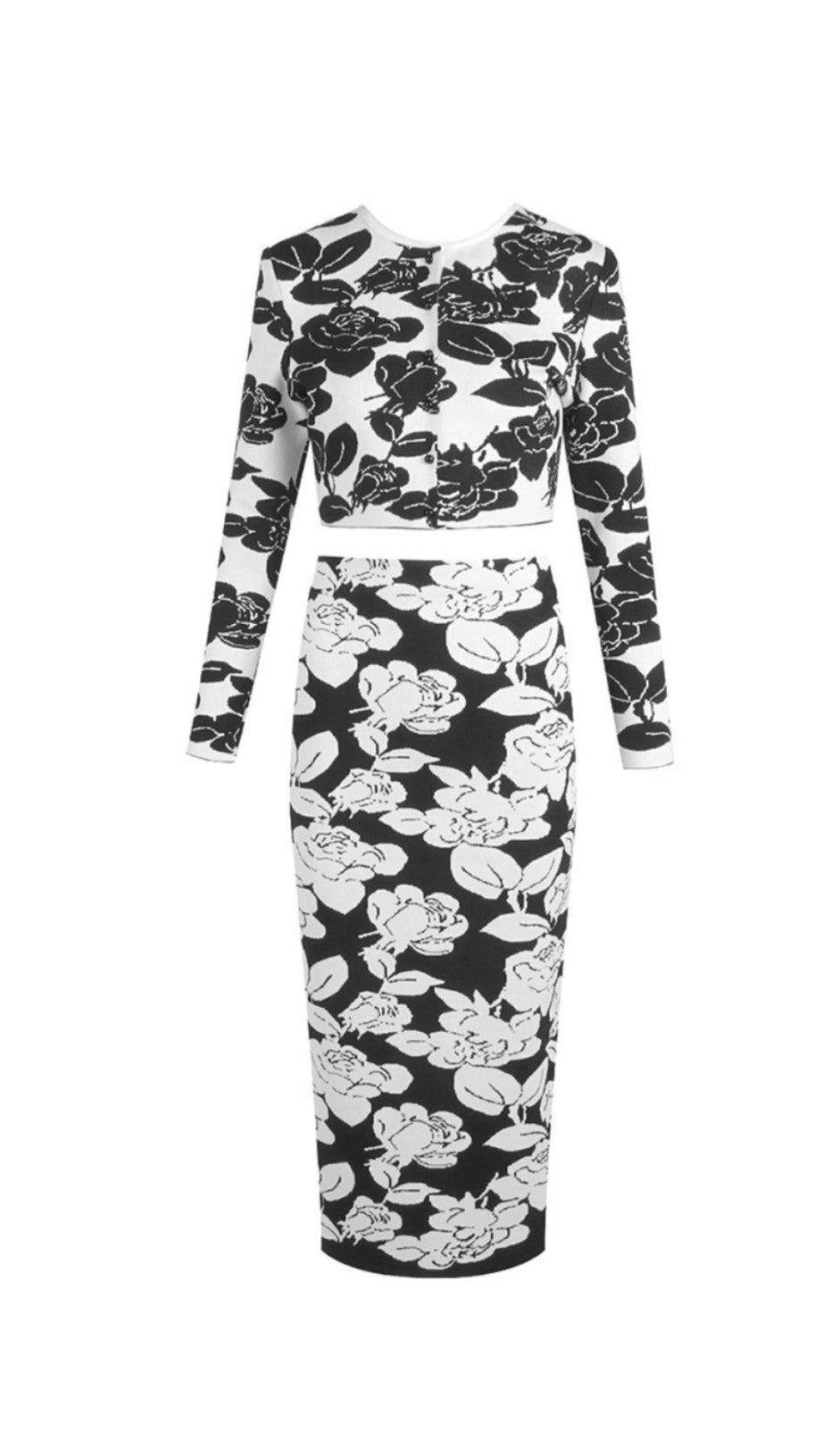 KNIT FLORAL JACQUARD MIDI PENCIL CARDIGAN SKIRT SET