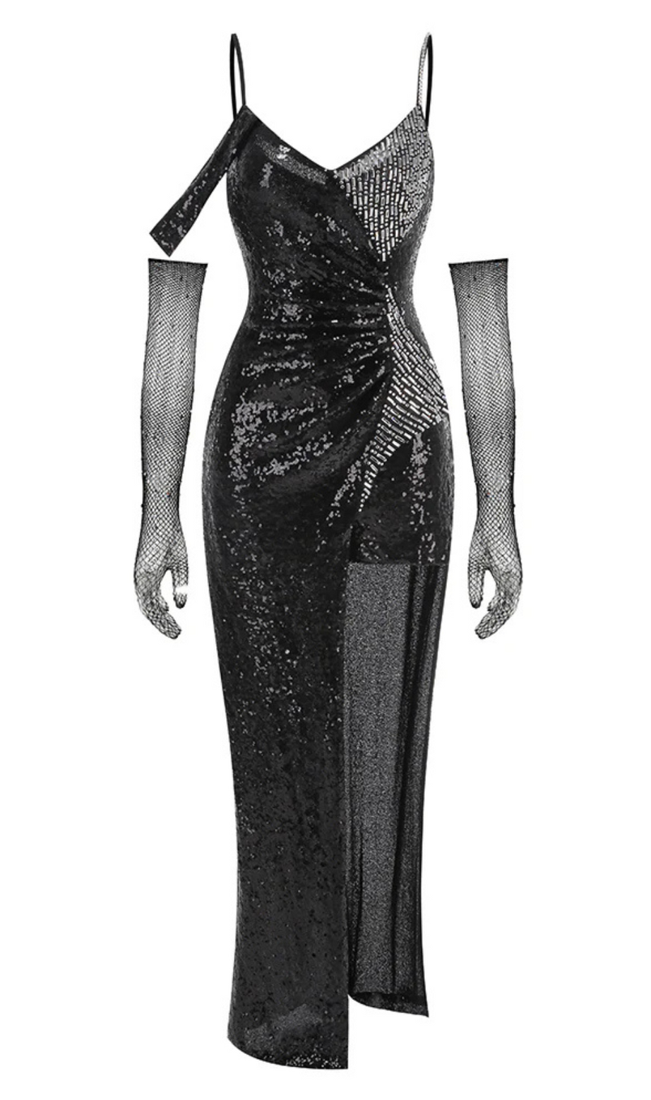sequin strap maxi dress in black