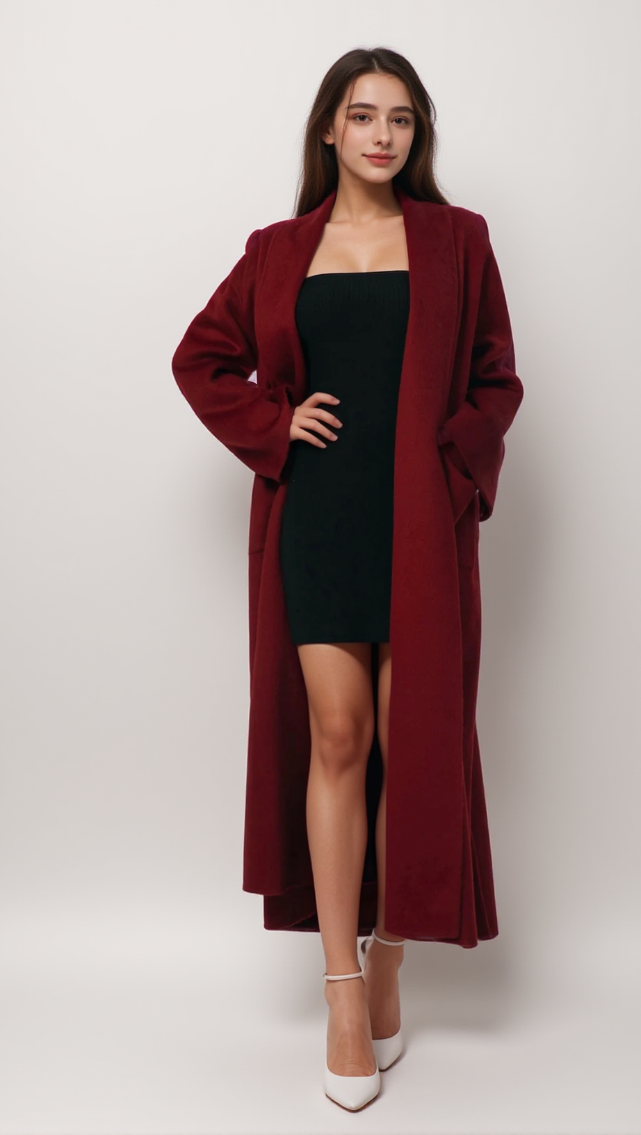 LUXURIOUS DEEP RED BELTED WOOL COAT WITH OVERSIZED FIT