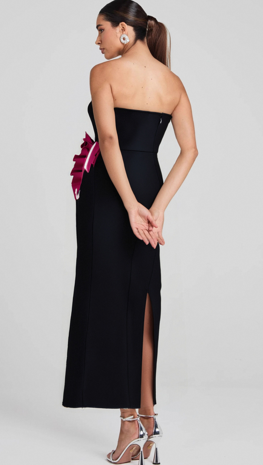PLEATED ORNAMENTED BANDAGE MAXI DRESS IN BLACK