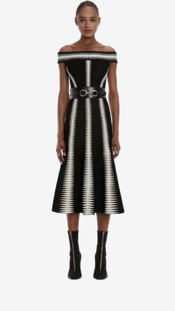 AIIZIE JACQUARD OFF-SHOULDER MIDI DRESS IN BLACK - product image