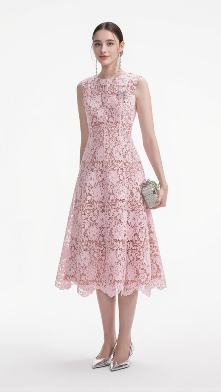 Midikleid aus floraler Spitze mit Pailletten in Rosa