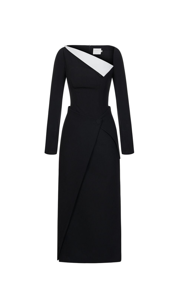 REGINA BLACK ASYMMETRIC NECK POLYCOTTON SHEATH MIDI DRESS