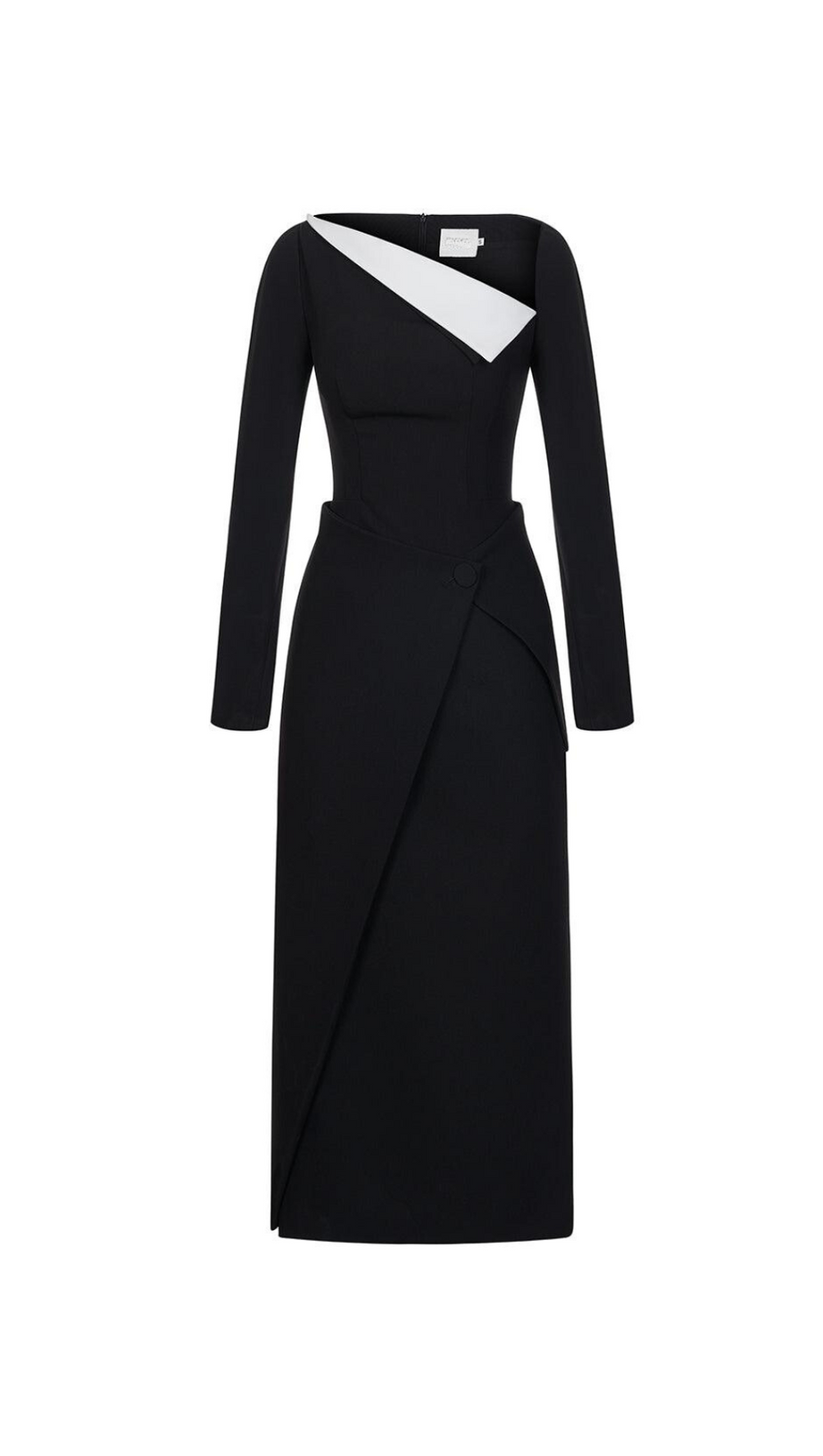 REGINA BLACK ASYMMETRIC NECK POLYCOTTON SHEATH MIDI DRESS