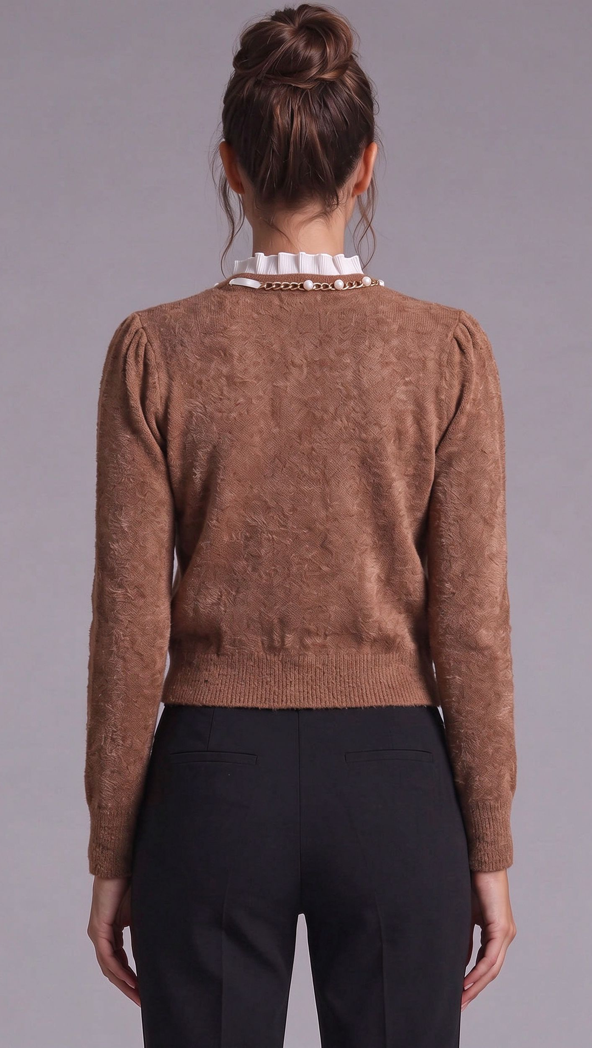 caramel brown textured wool-blend knit fitted, cropped cardigan