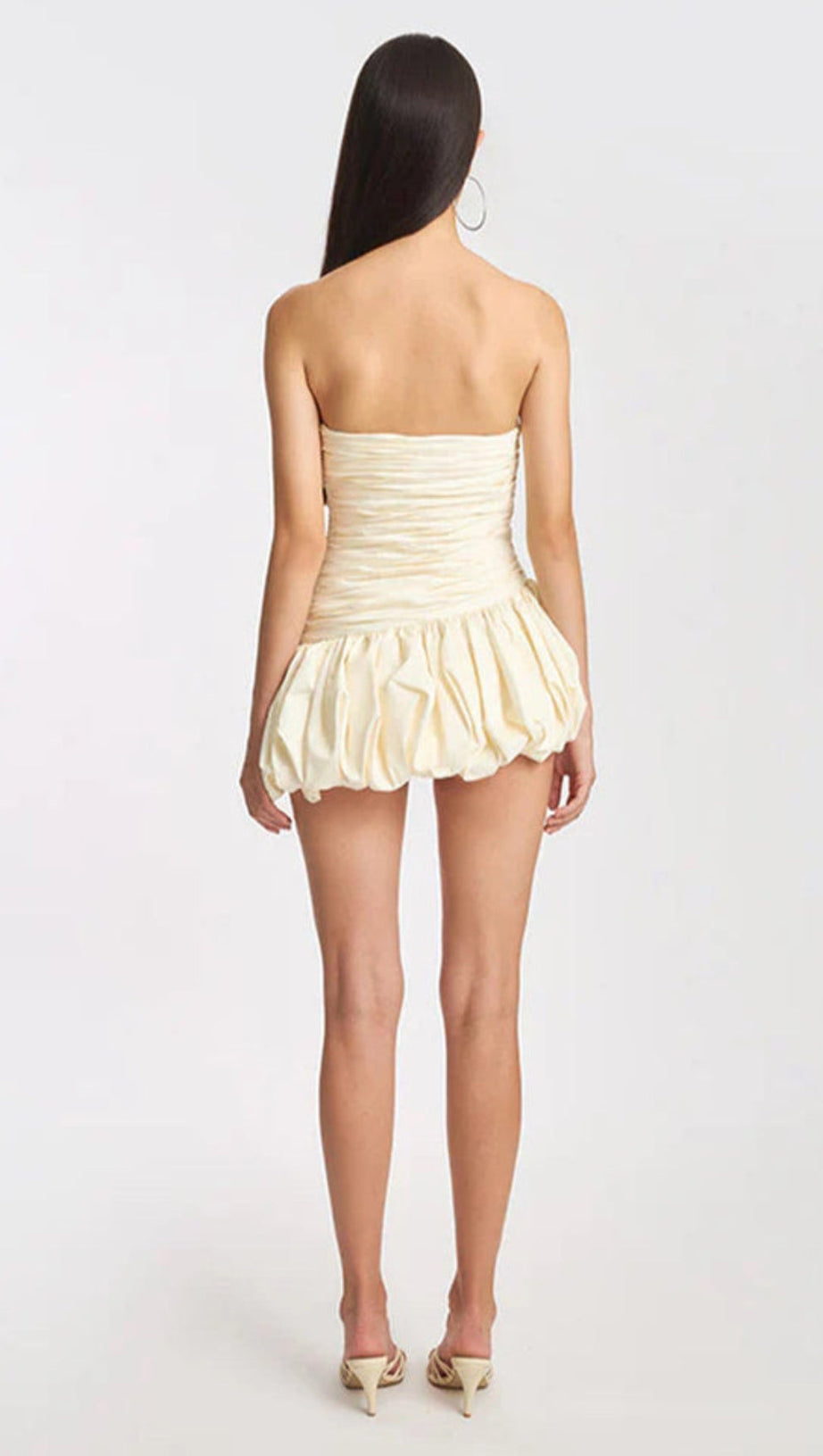 BALLOON DRAPED STRAPLESS MINI DRESS IN WHITE
