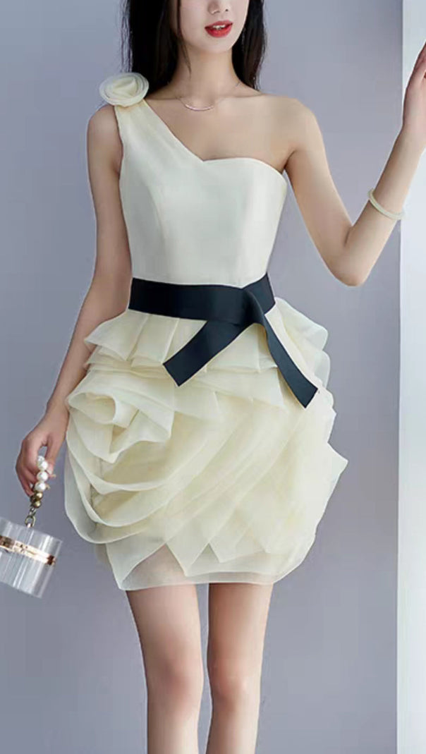 ONE SHOULDER MESH MINI DRESS IN GREY