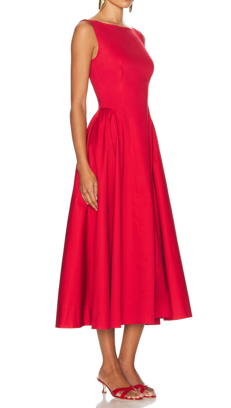 STRETCH COTTON SATEEN MIDI DRESS IN RED