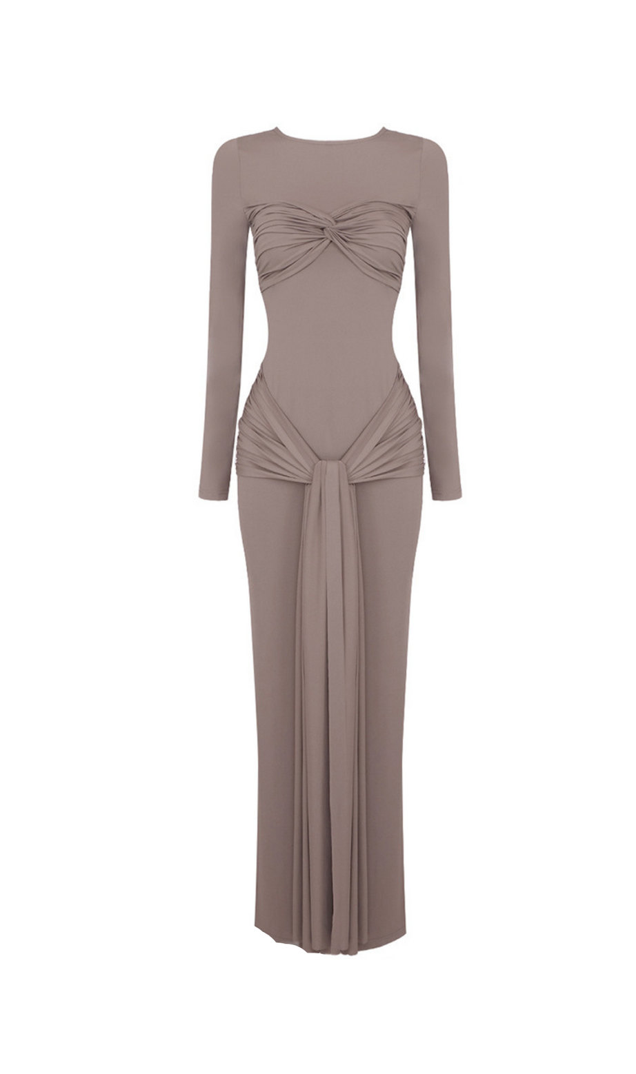Round neck ribbed knit maxi dress in coffee