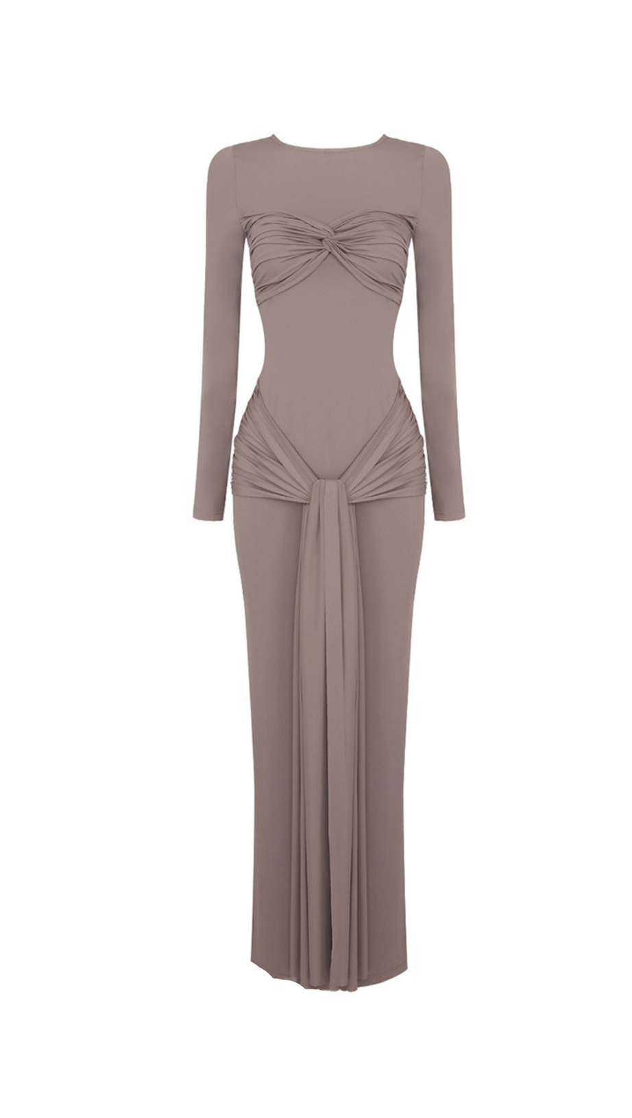 ROUND NECK RIBBED KNIT MAXI DRESS IN COFFEE