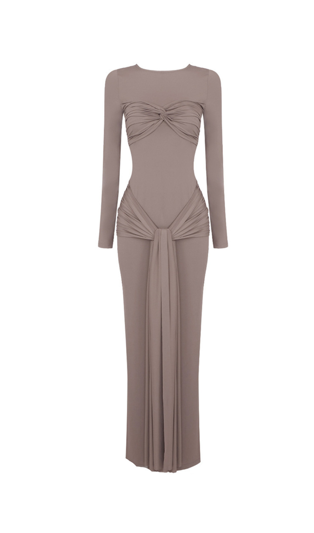 ROUND NECK RIBBED KNIT MAXI DRESS IN COFFEE