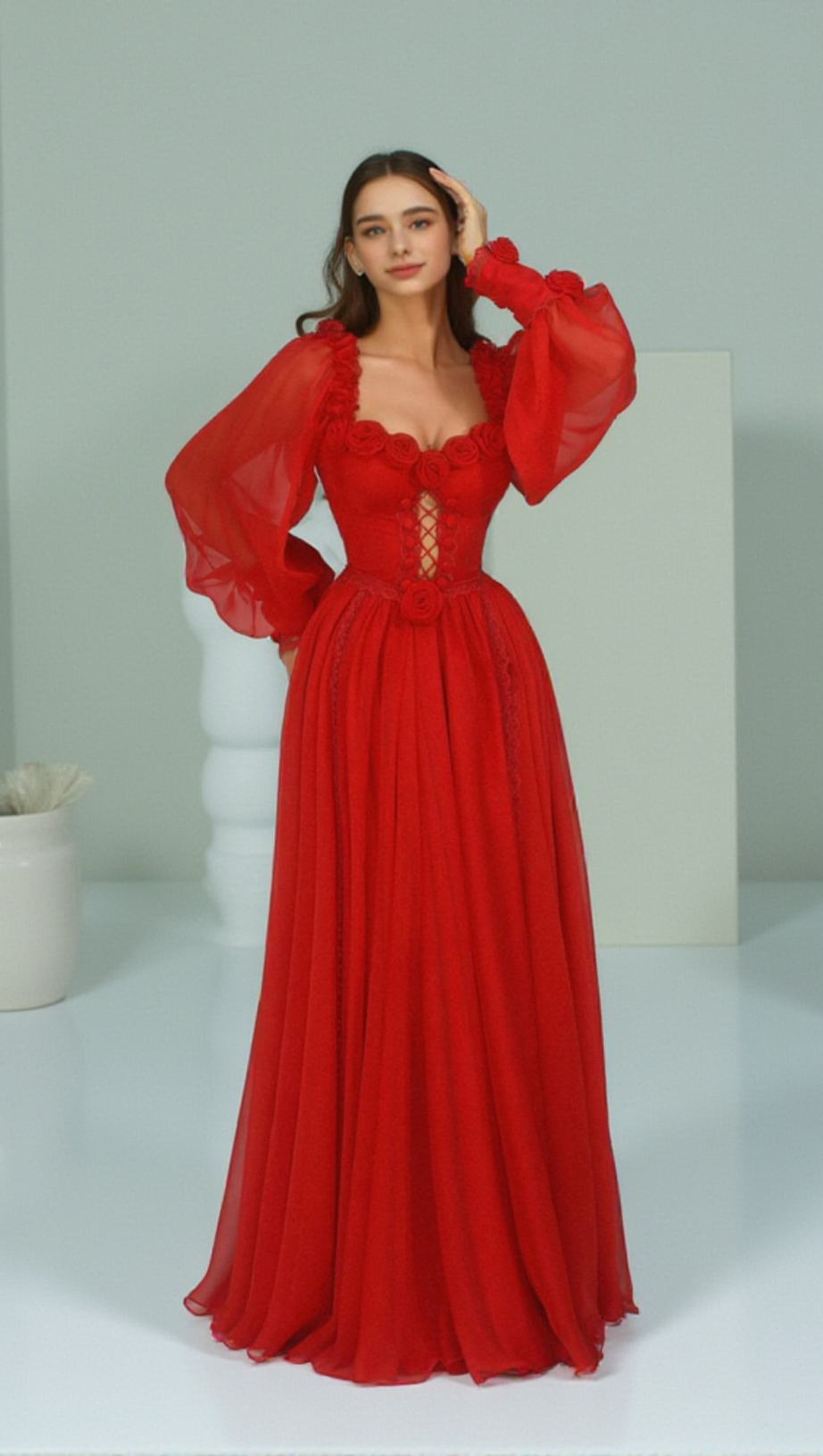 CHIFFON 3D FLOWER LONG SLEEVE MIDI DRESS IN RED