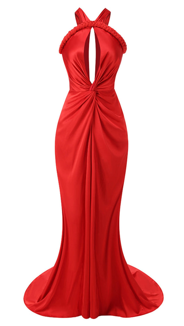 AIIZIE HALTER BRAIDED DRAPED MAXI DRESS RED - product image