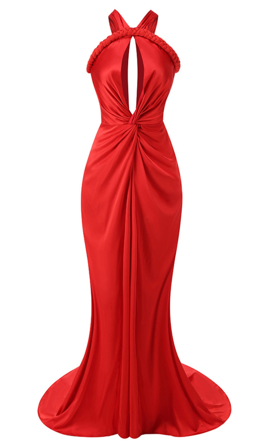Abito lungo drappeggiato con scollo all'americana e trecce rosso