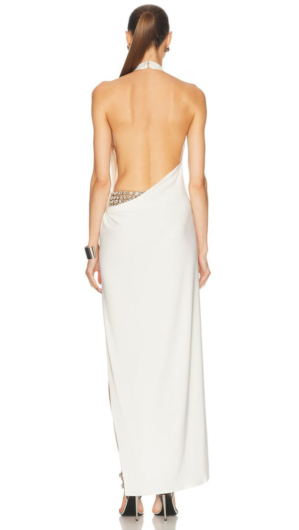 AIIZIE SEXY WHITE SATIN HALTER MAXI DRESS WITH HIGH SLIT AND OPEN BACK - product image