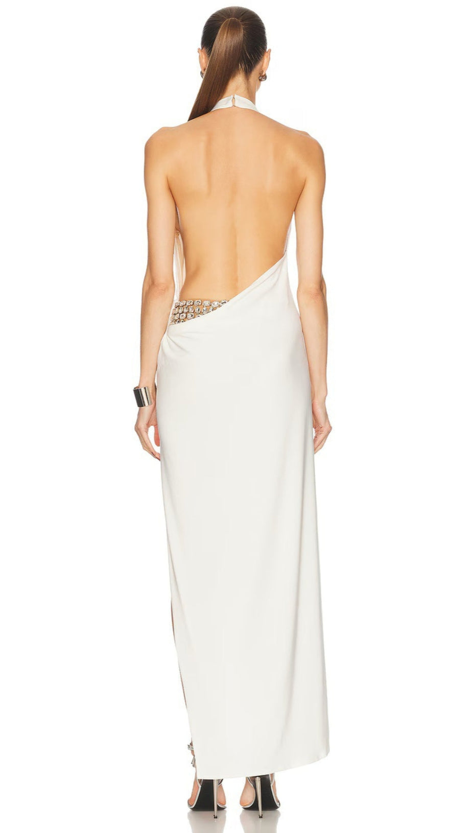 SEXY WHITE SATIN HALTER MAXI DRESS WITH HIGH SLIT AND OPEN BACK