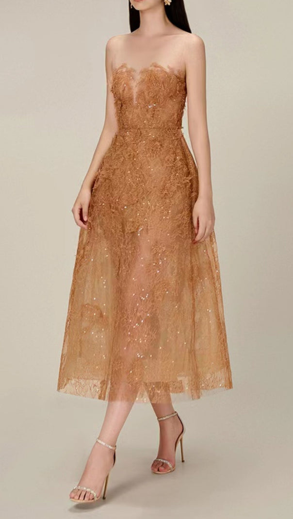 AIIZIE CARAMEL FLORAL LACE EMBROIDER MIDI DRESS - product image