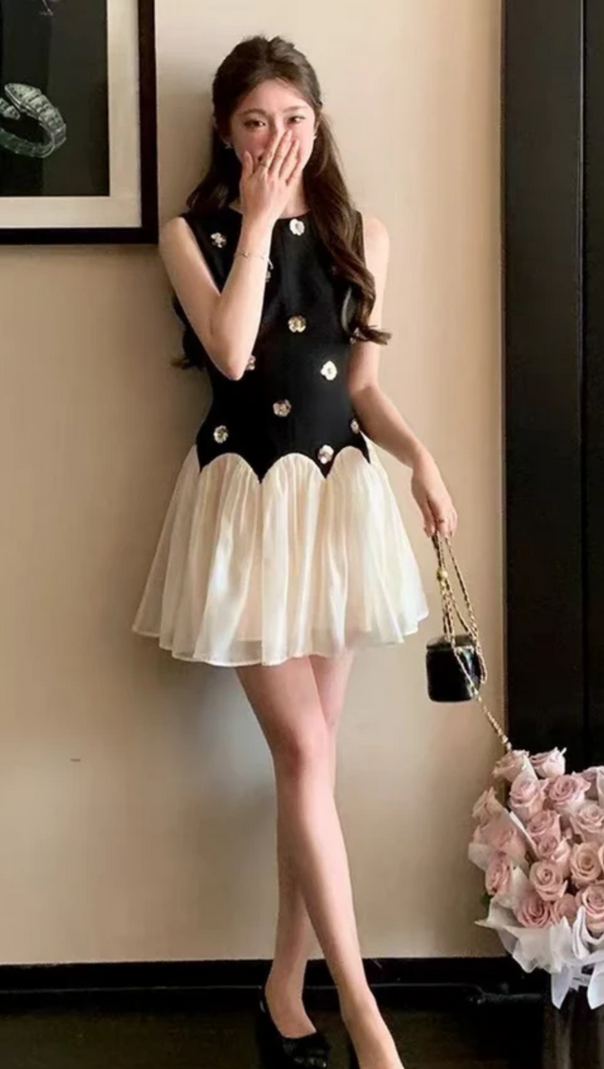 AIIZIE STEREOSCOPIC FLOWER SLEEVELESS MESH MINI DRESS - product image