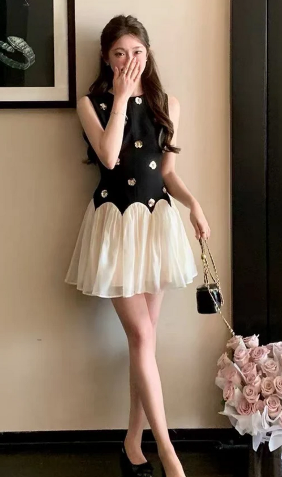 Stereoscopic Flower sleeveless mesh mini dress