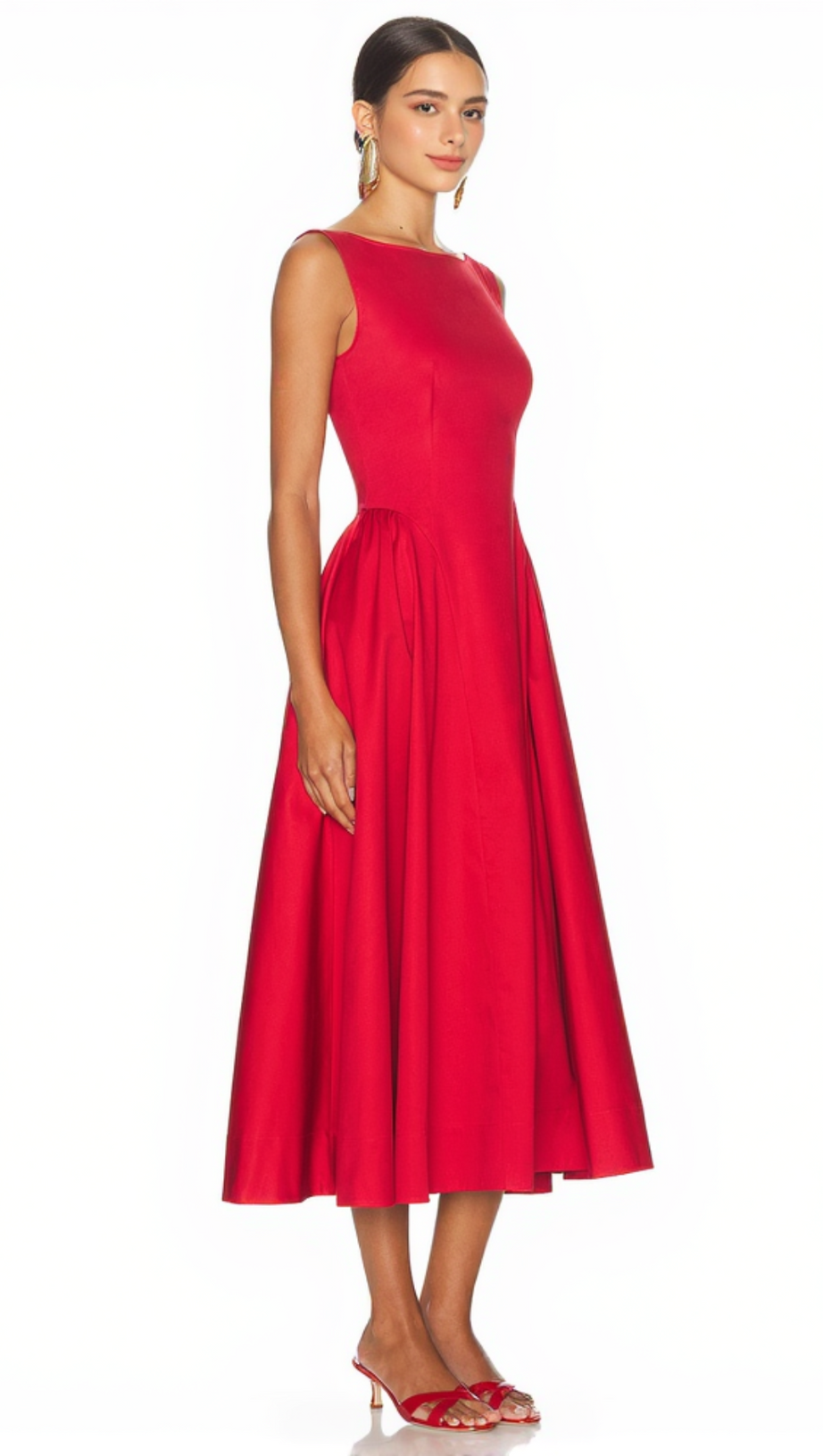 STRETCH COTTON SATEEN MIDI DRESS IN RED