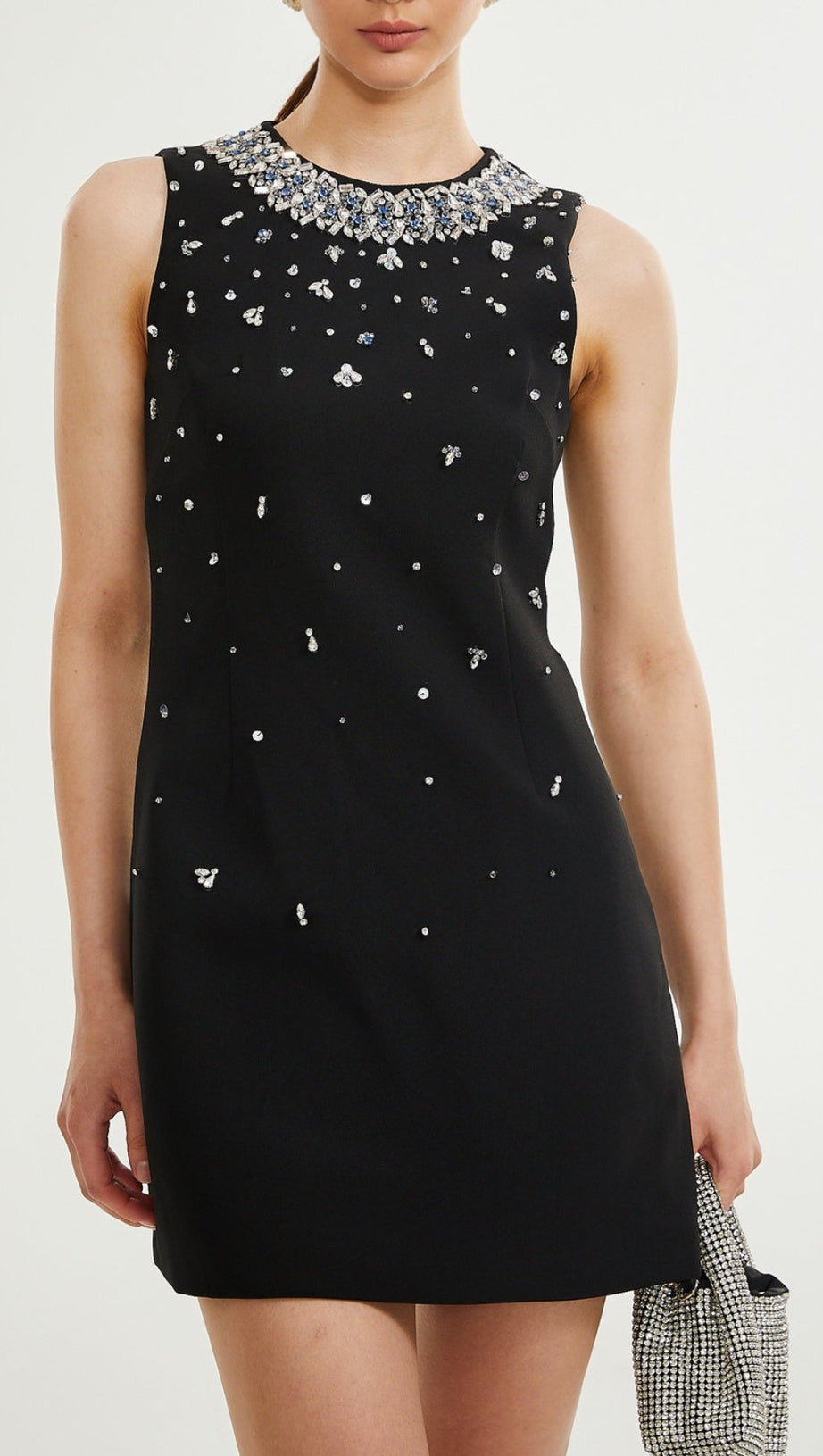 Crystal-Embellished Mini Dress in Black