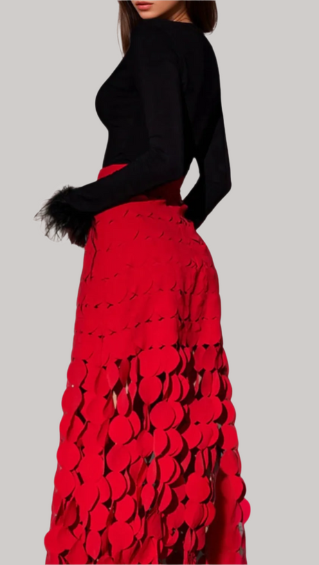 CIRCLE CUTOUT FRINGE SKIRT IN RED