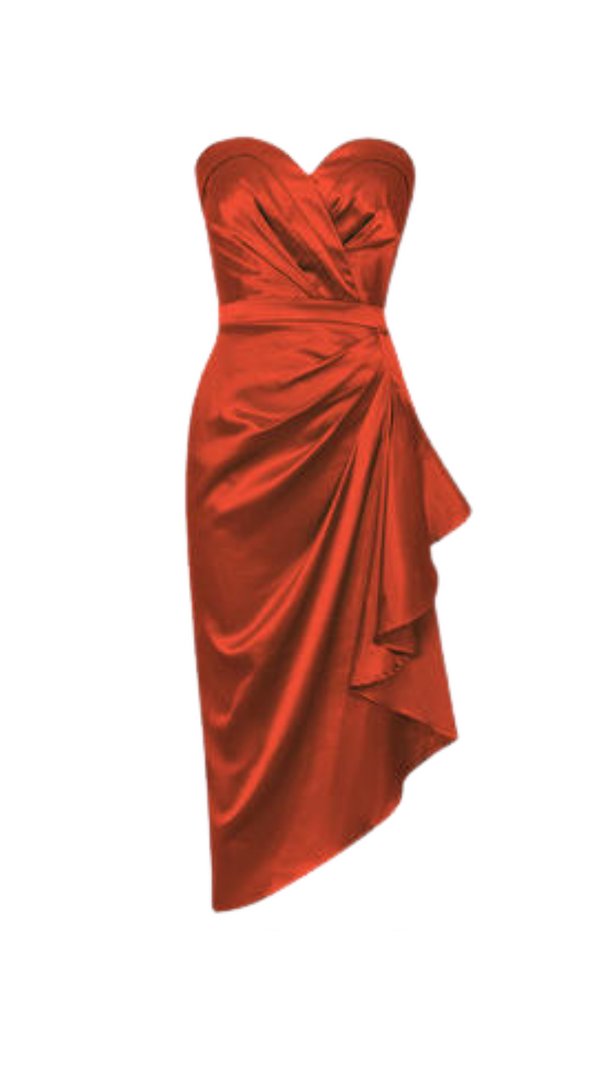 AIIZIE ORANGE STRAPLESS BACKLESS SIDE SPLIT PLEATED MIDI DRESS - product image