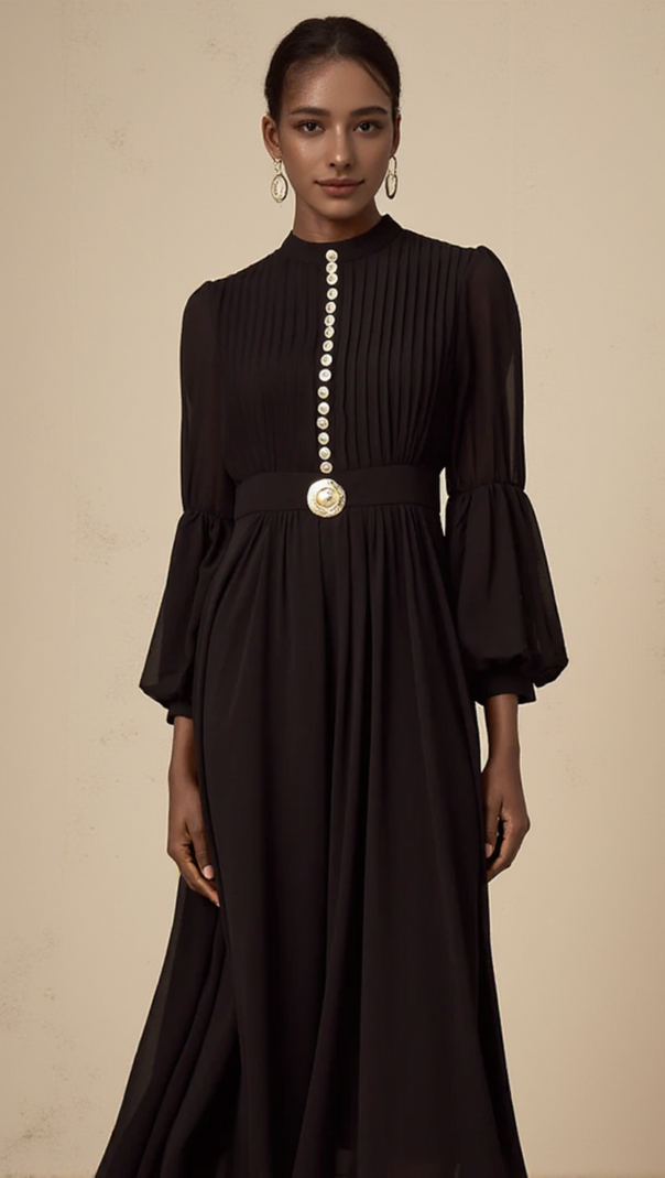AIIZIE LANTERN SLEEVE SILK MIDI DRESS IN BLACK - product image