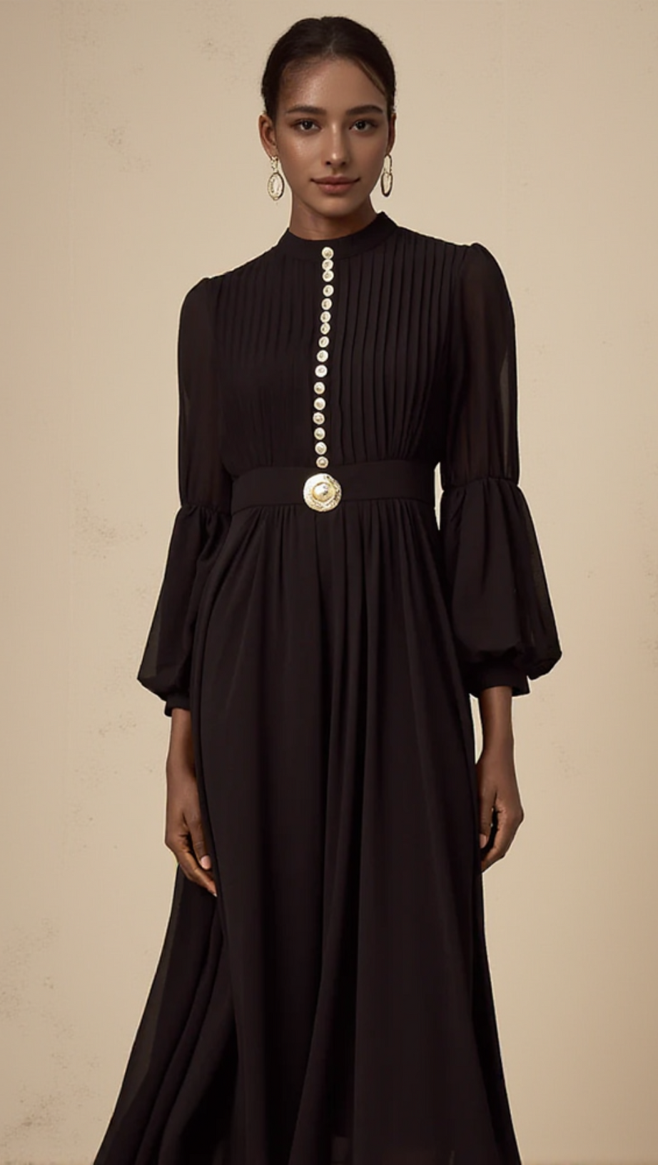 ABITO MIDI IN SETA CON MANICHE A LANTERNA IN NERO