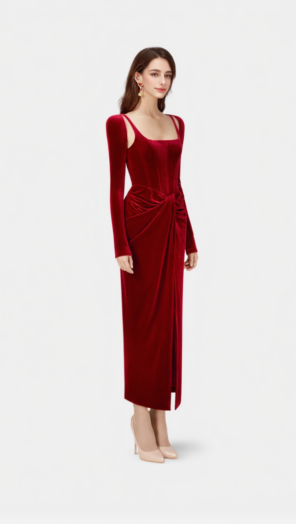 AIIZIE BORDEAUX VELVET DRAPED MIDI DRESS - product image