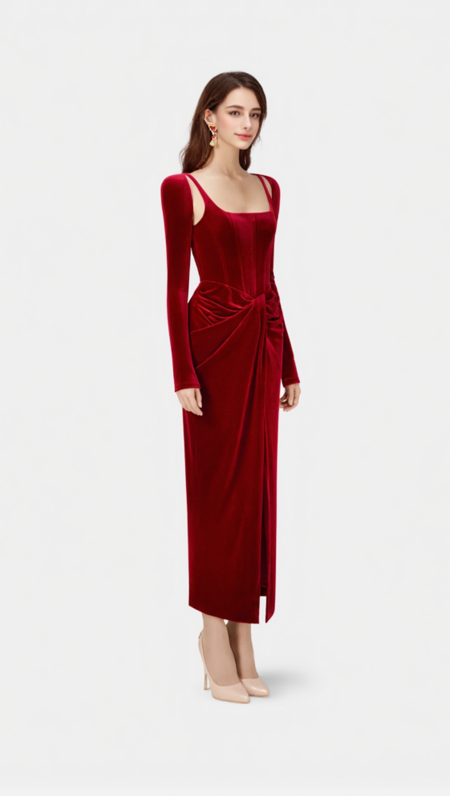 BORDEAUX VELVET DRAPED MIDI DRESS