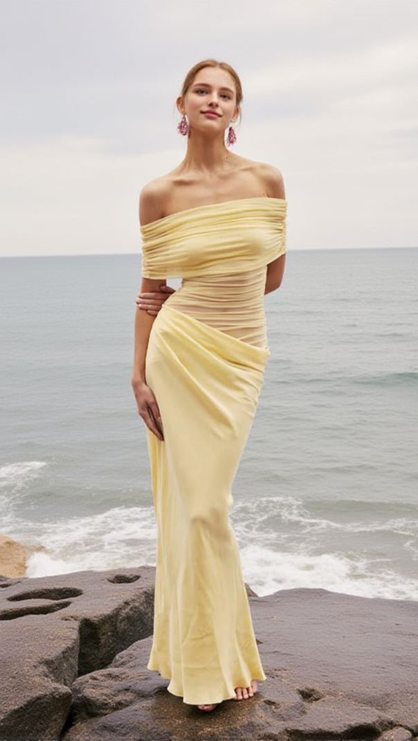 AIIZIE REANKO OFF SHOULDER RUCHED MESH MAXI DRESS - YELLOW - product image