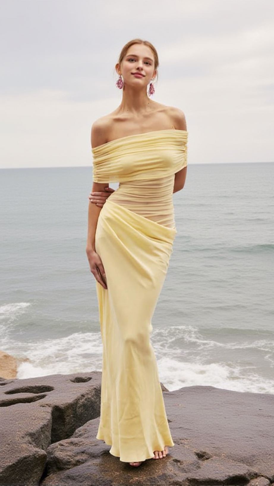 REANKO OFF SHOULDER RUCHED MESH MAXI DRESS - YELLOW