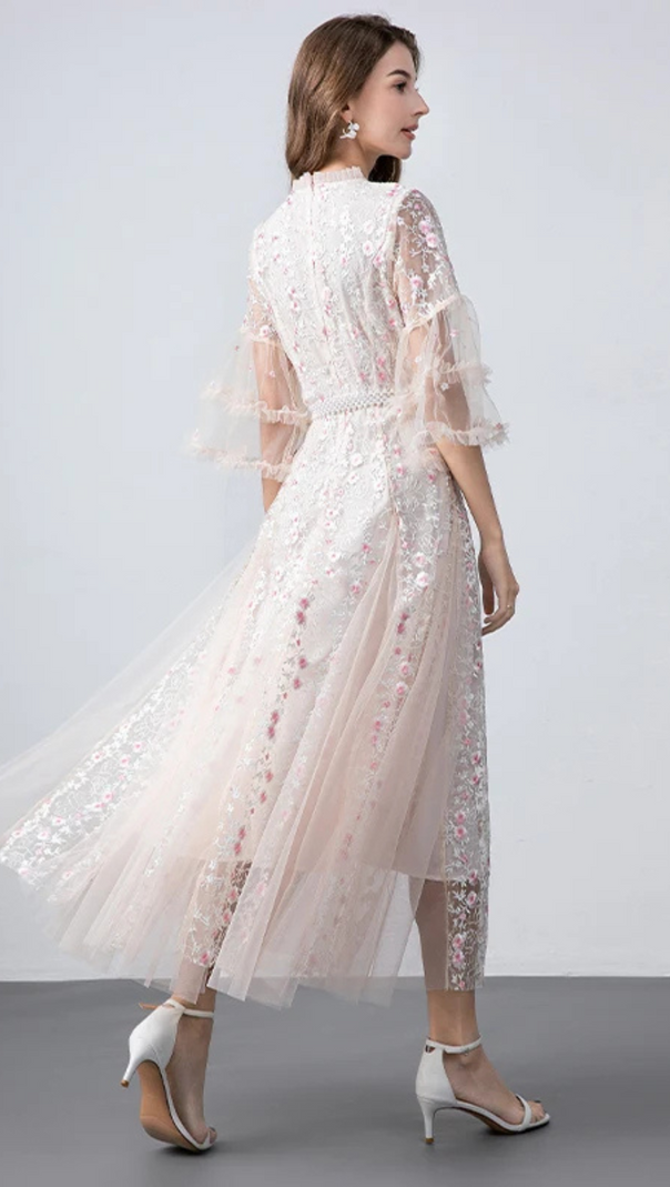 AIIZIE FLOWER MESH MIDI DRESS IN APRICOT - product image