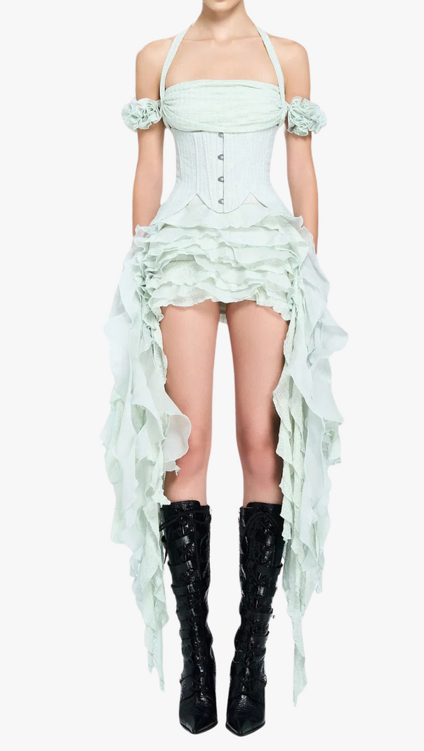 AIIZIE ELVA HALTER THREE-DIMENSIONAL FLOWER IRREGULAR TASSEL MINI DRESS IN MINT - product image