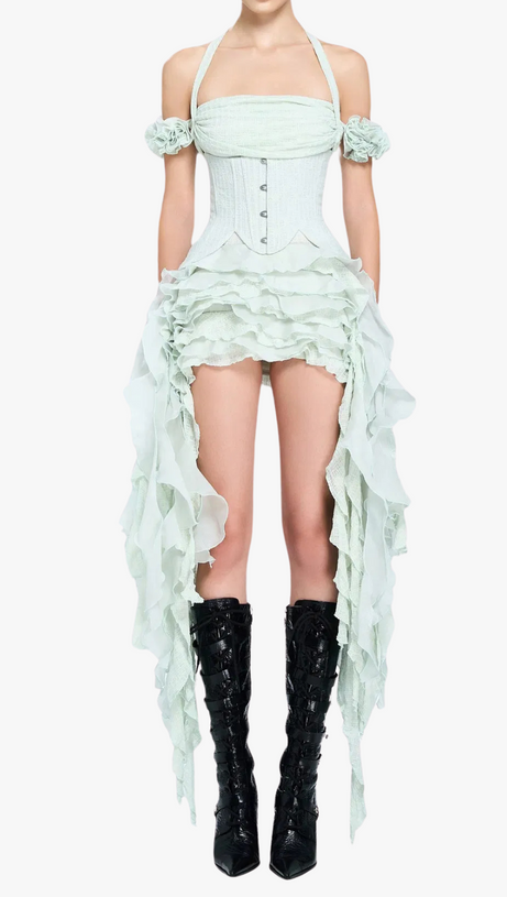 ELVA MINI ABITO CON SCOLLO A V, FIORI TRIDIMENSIONALI E NAPPE IRREGOLARI IN MENTA