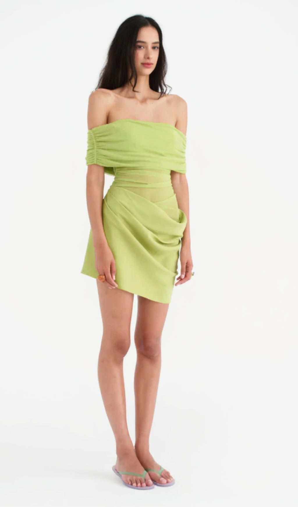 OFF SHOULDER RUCHED MESH MINI DRESS IN GREEN