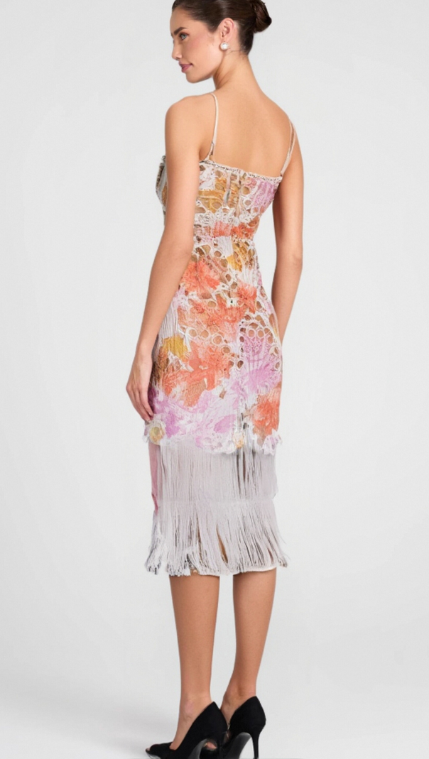AIIZIE MULTICOLOR EMBROIDERED HOLLOW FRINGE MIDI DRESS - product image