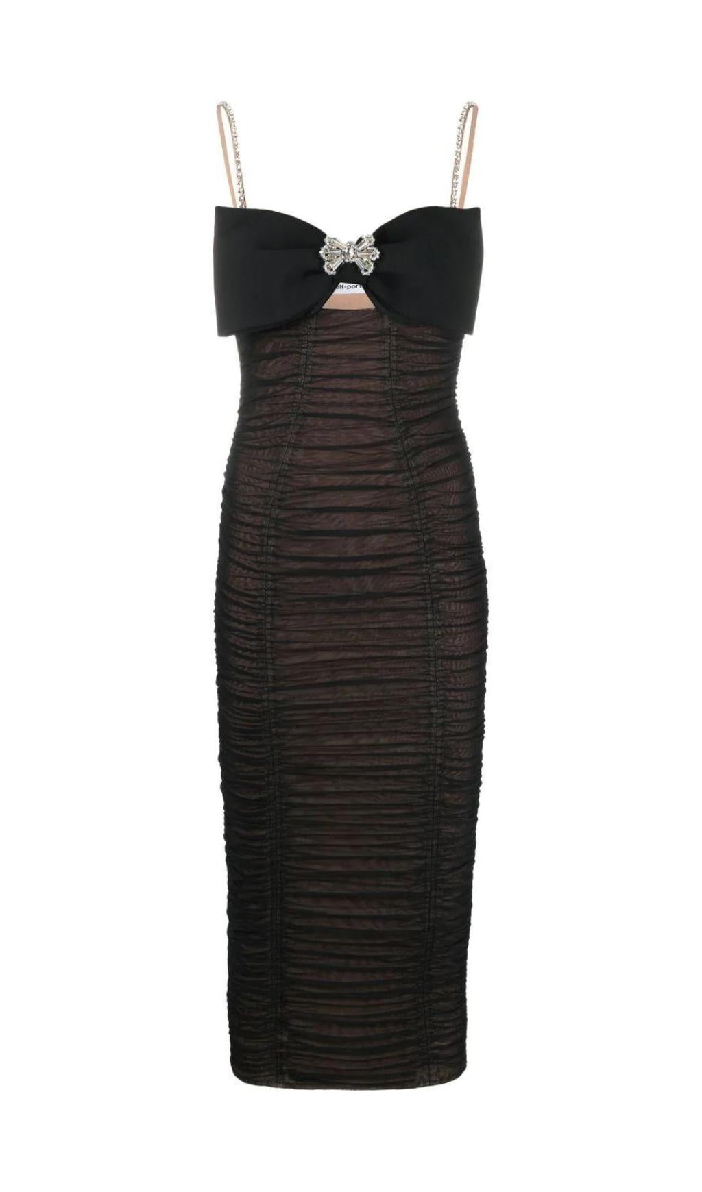 BOW POWER MESH MIDI DRESS IN BLACK