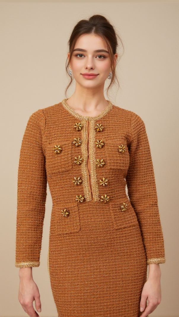 AIIZIE BRAIDED-EDGE TWEED MIDI DRESS IN BROWN - product image