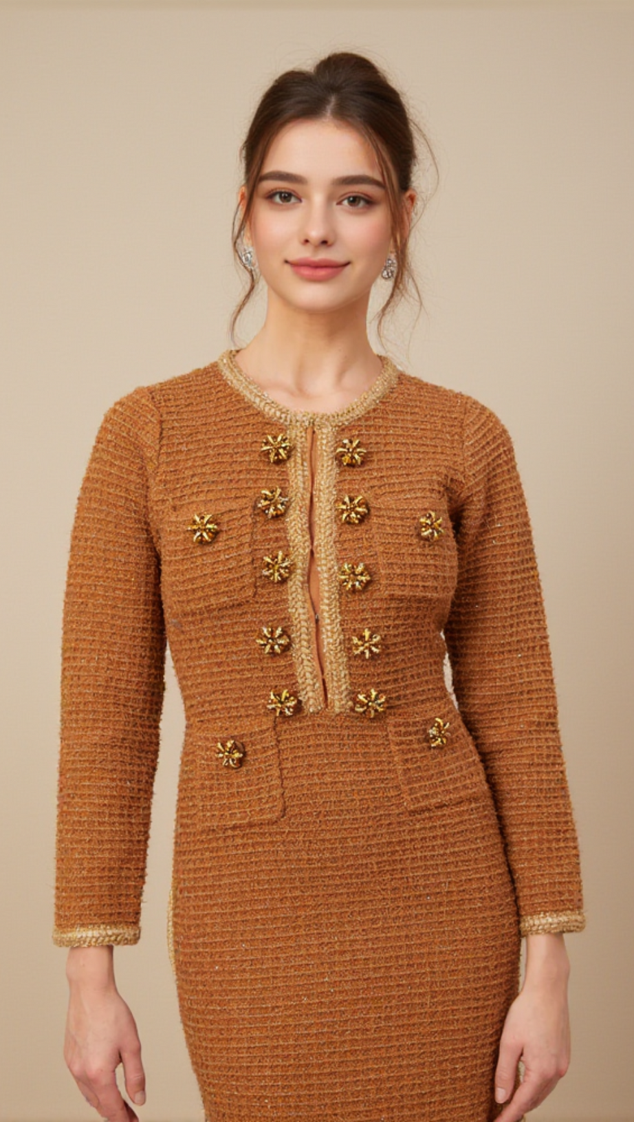 BRAIDED-EDGE TWEED MIDI DRESS IN BROWN