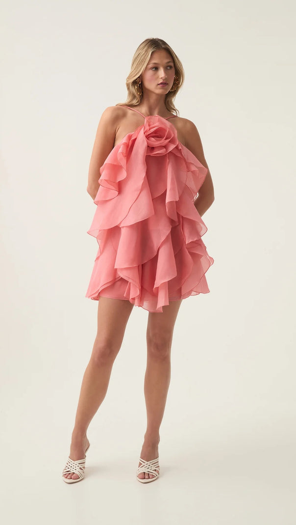 AIIZIE LORRAINE HALTER FLORAL RUFFLE LAYERED MINI DRESS IN ORANGE - product image