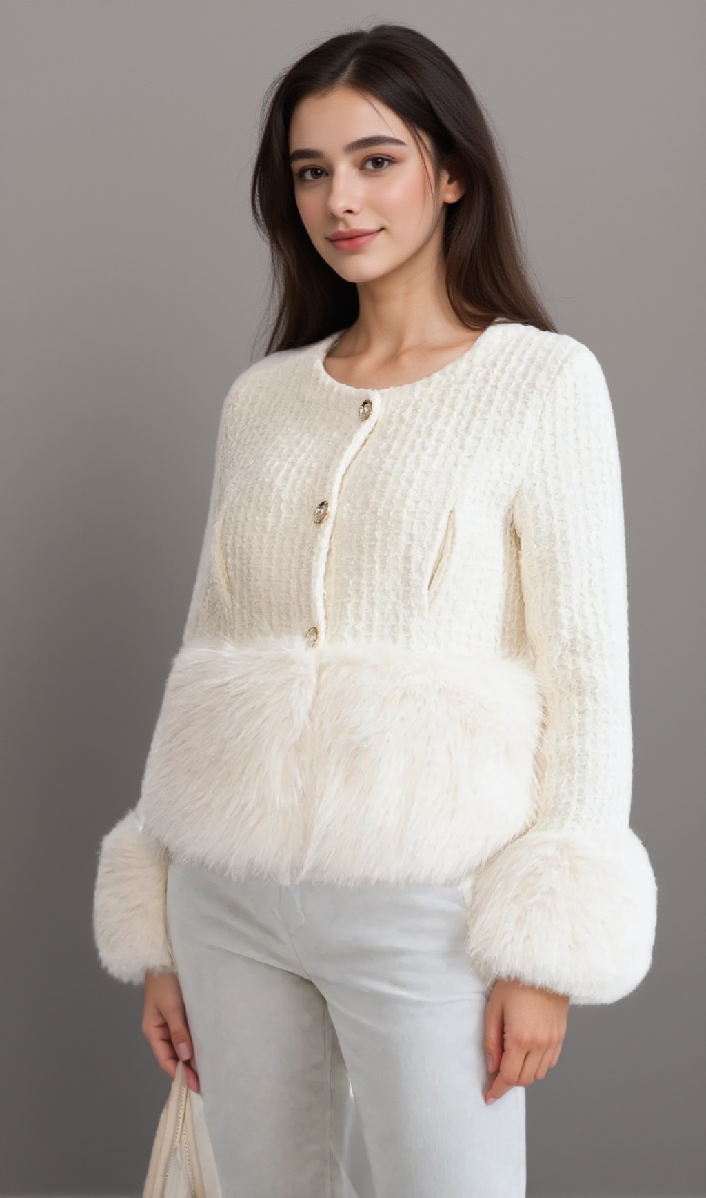 Tweedjacke mit Kunstpelz-Akzenten