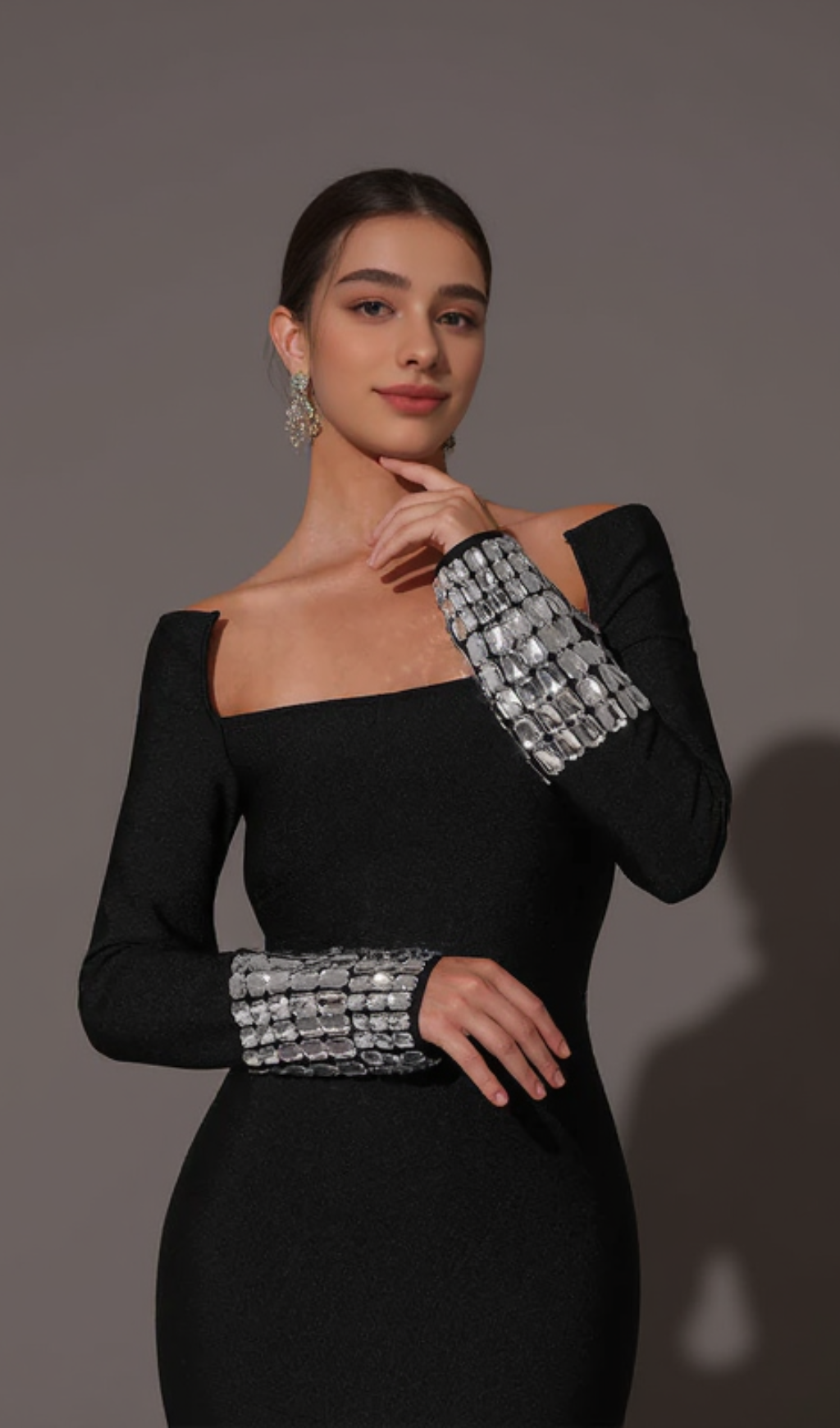 SQUARE NECK DIAMOND TIGHT BANDAGE MAXI DRESS IN BLACK