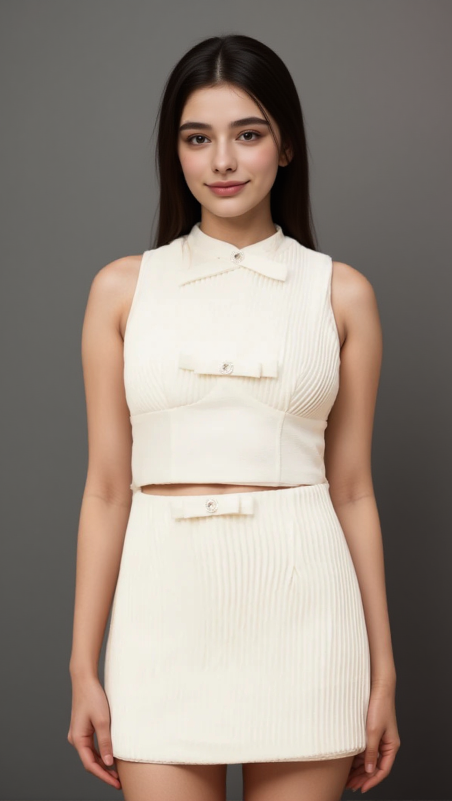 FLAMINIA WHITE BOW-EMBELLISHED TOP & SKIRT MATCHING SET