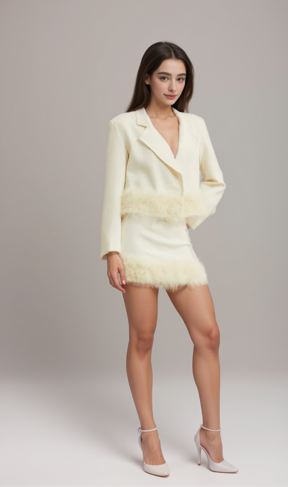Completo coordinato blazer e gonna con orlo a piume Valérie 